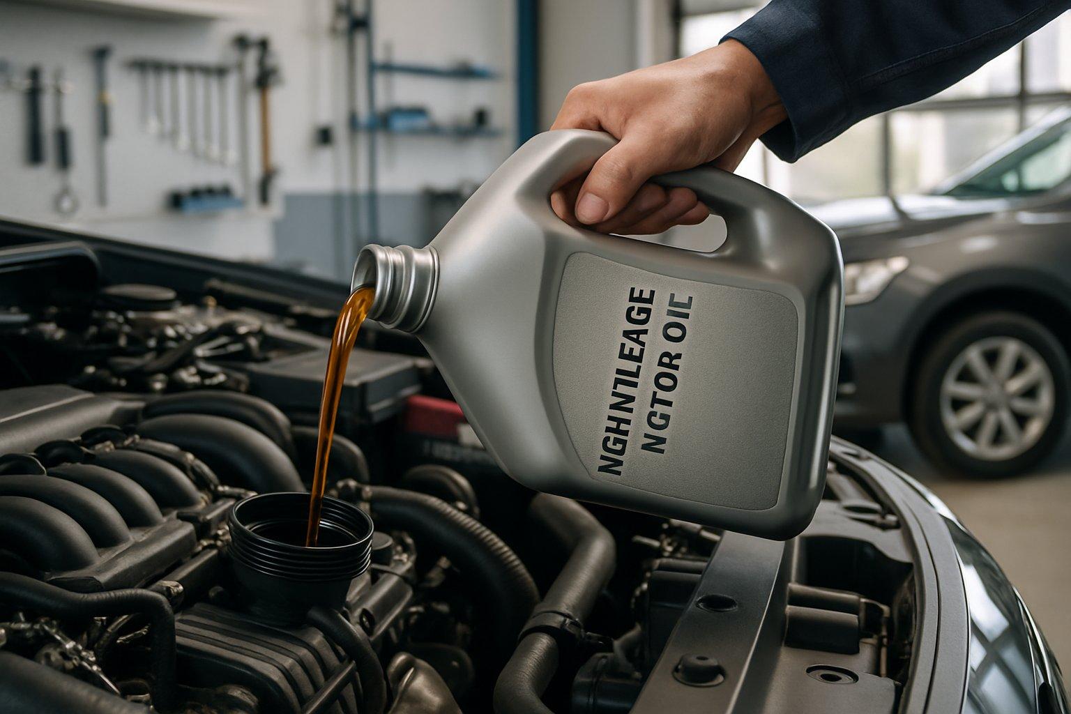Close-up of a mechanic pouring motor oil into a car engine in a clean automotive workshop.