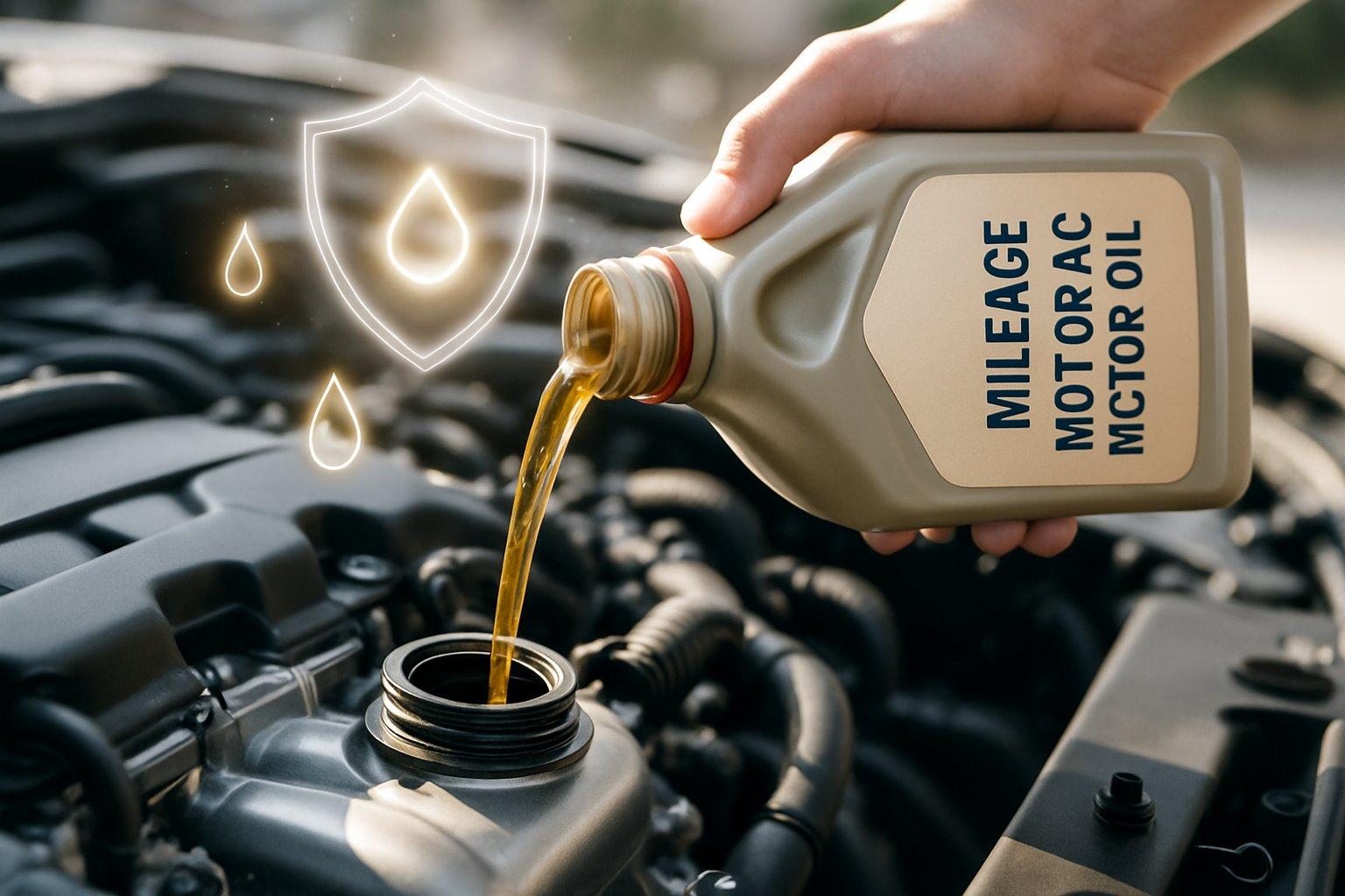 Close-up of a mechanic pouring motor oil into a car engine, highlighting maintenance for high mileage vehicles.