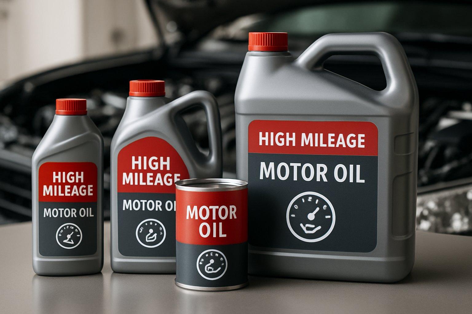 Several motor oil containers for high mileage vehicles arranged on a clean surface with a car engine in the background.