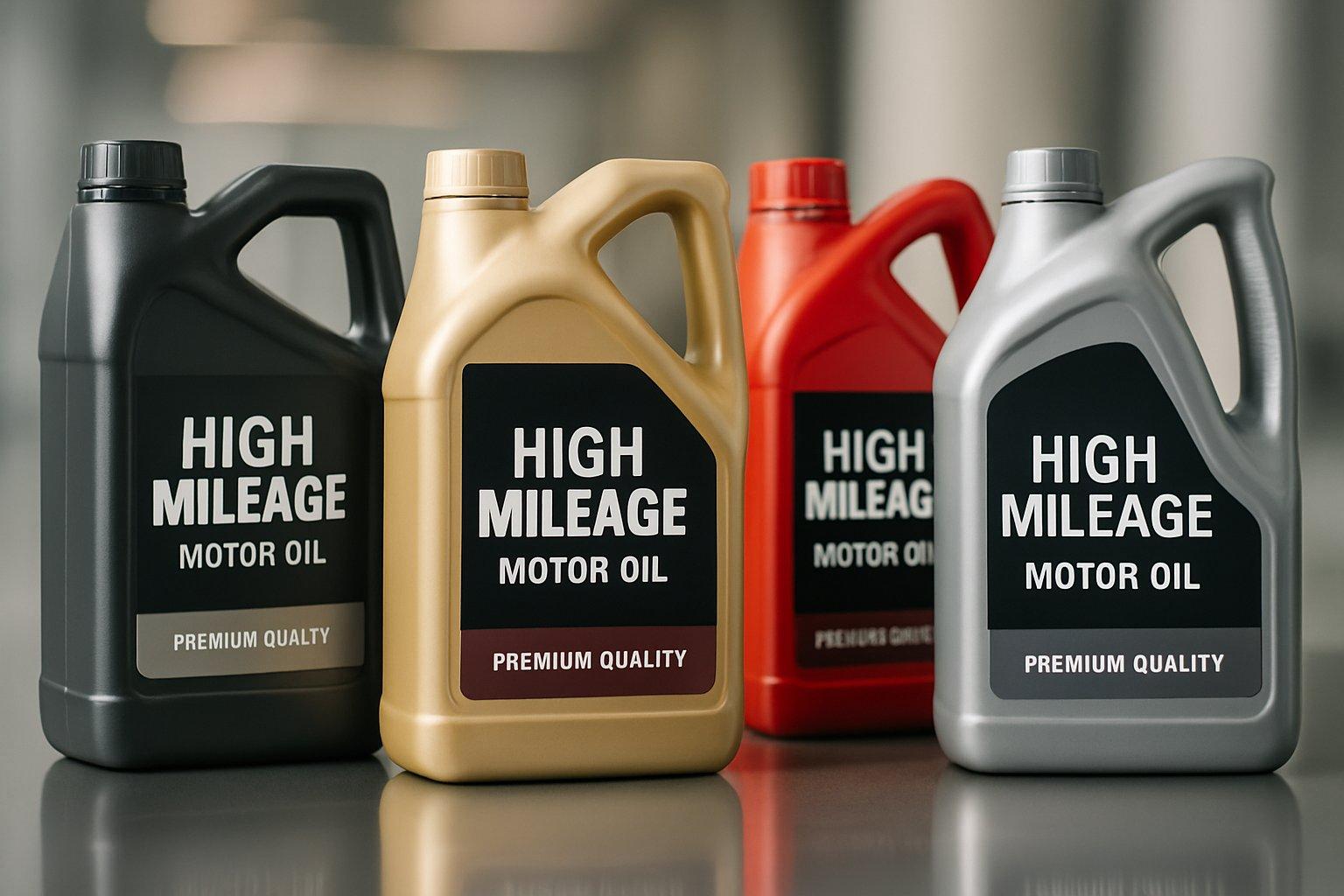 A group of motor oil containers for high mileage vehicles arranged on a reflective surface with a blurred background.