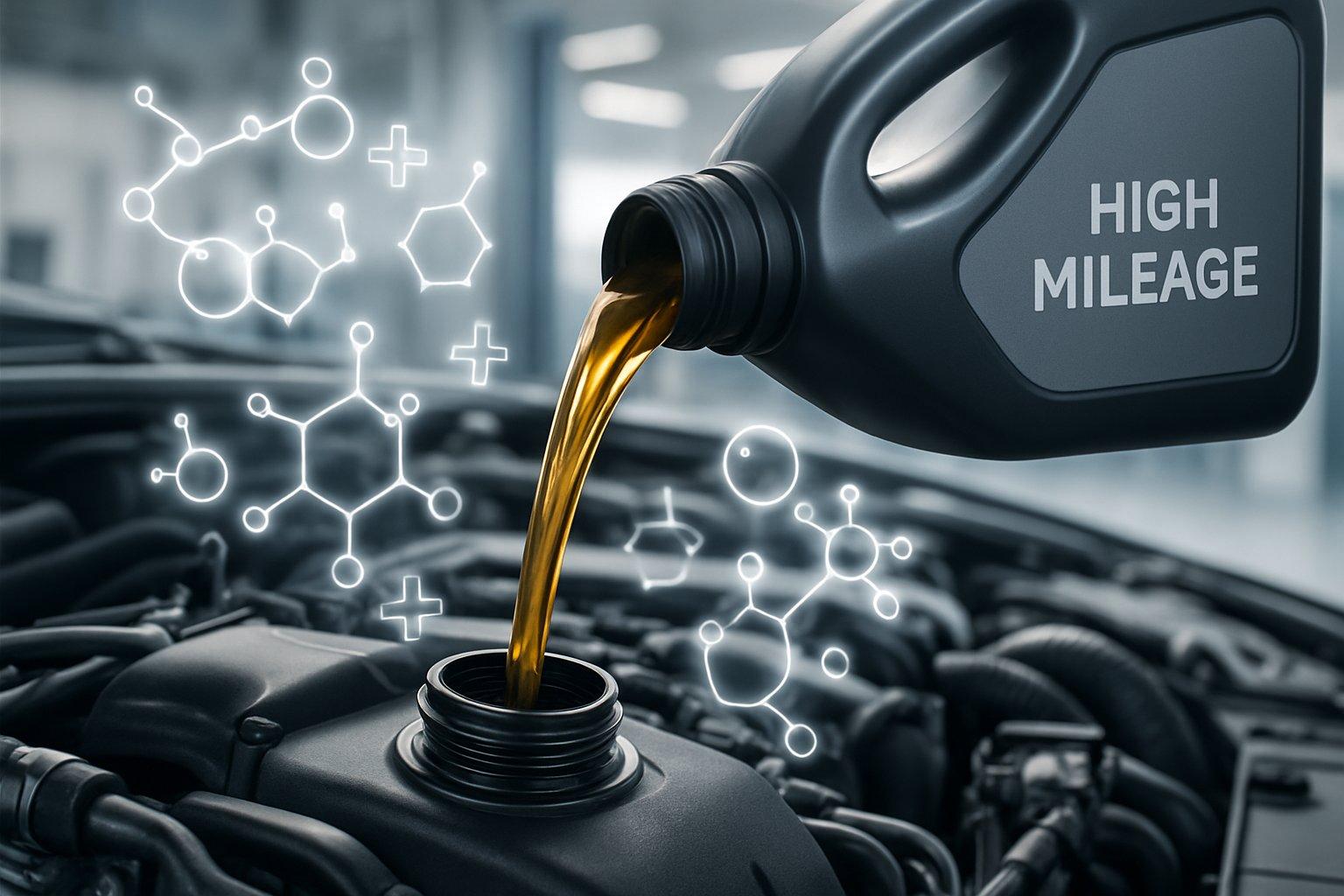 Close-up of a car engine with motor oil being poured into the oil fill cap inside a clean automotive workshop.